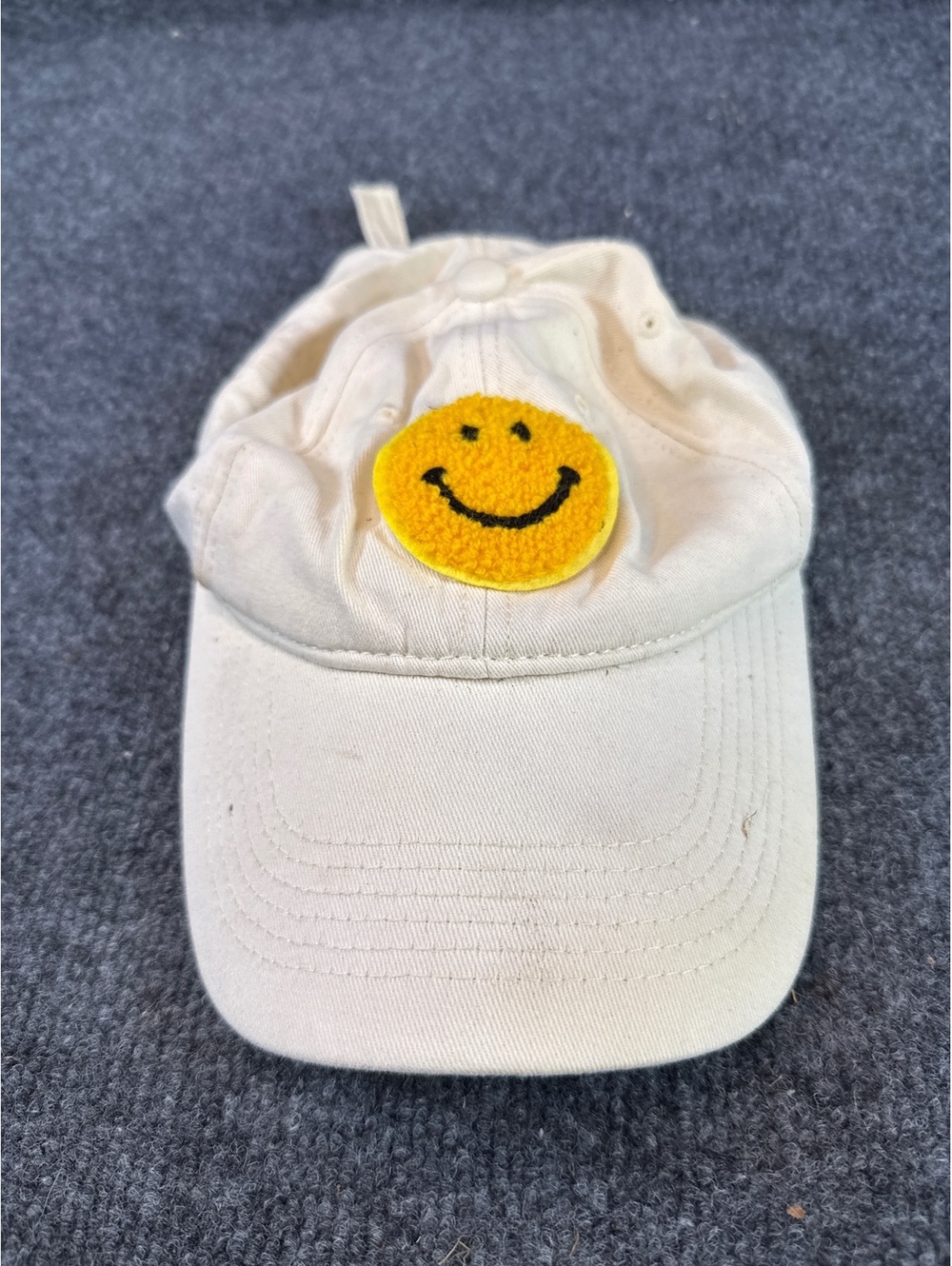 Smiley Face Baseball Cap Cream Distressed Dad Hat Yellow Happy Face Adjustable